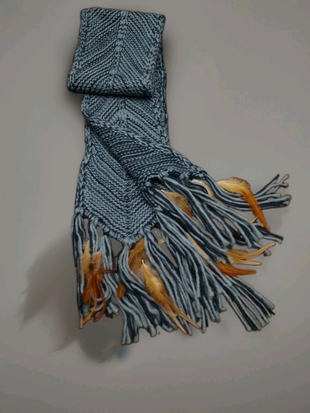 Arizona Jeans Co Blue/Grey Long Knit Scarf Fringe W/Brown Feathers Western Boho